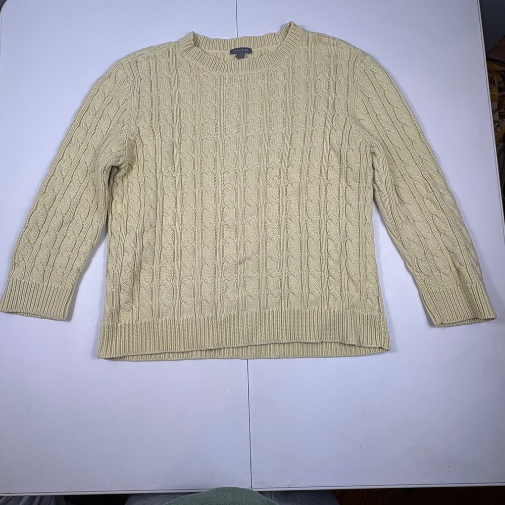Ann Taylor Womens Large Pale Yellow Cable Knit 100% Cotton Crewneck Sweater L